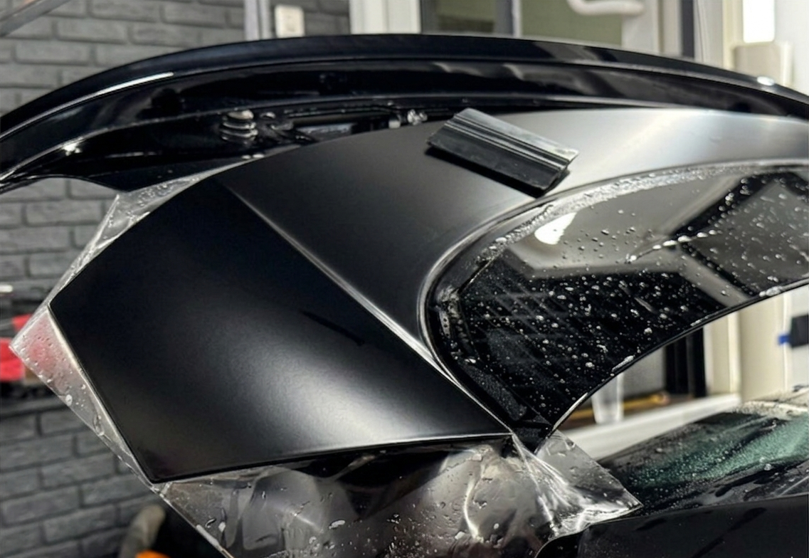 Chrome delete process on a sleek black car component being polished